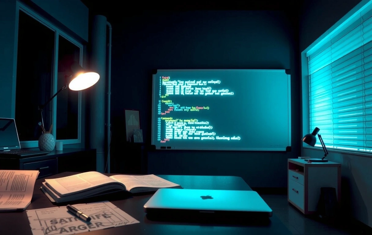 Code on whiteboard with game sketches